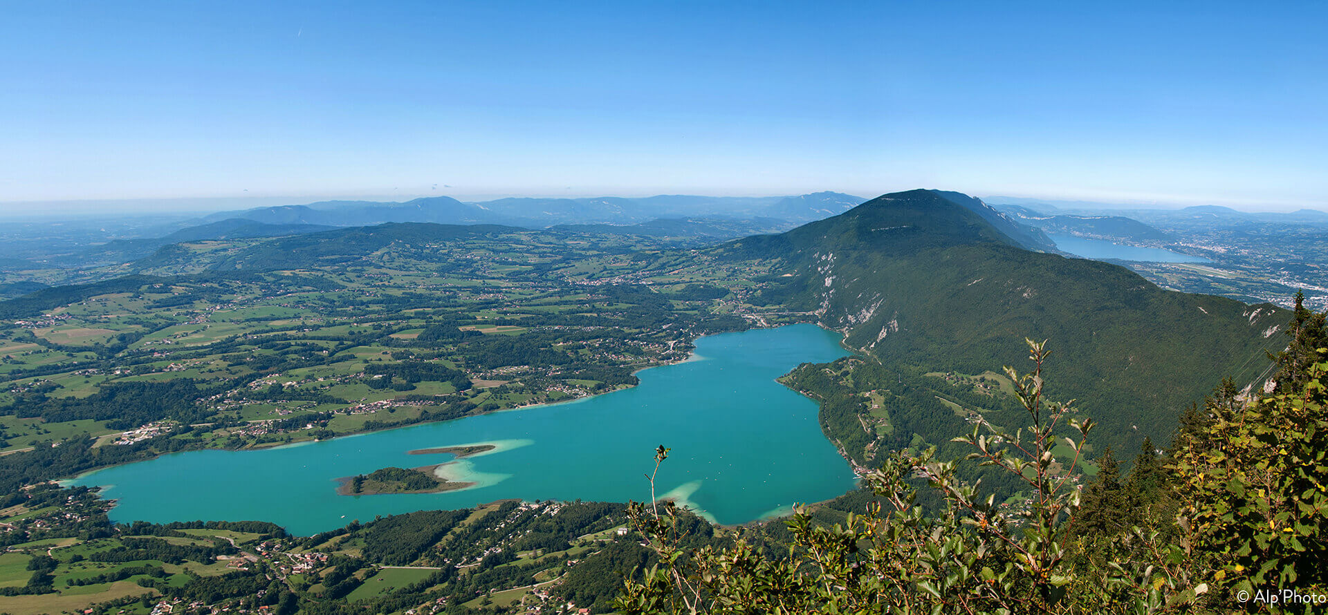 Aerial view of Lake Aiguebelette in Savoie